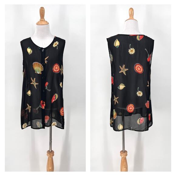 HANRO OF SWITZERLAND Sheer Printed Tunic Top Medium Black Fruit Beach Floral - Picture 1 of 15